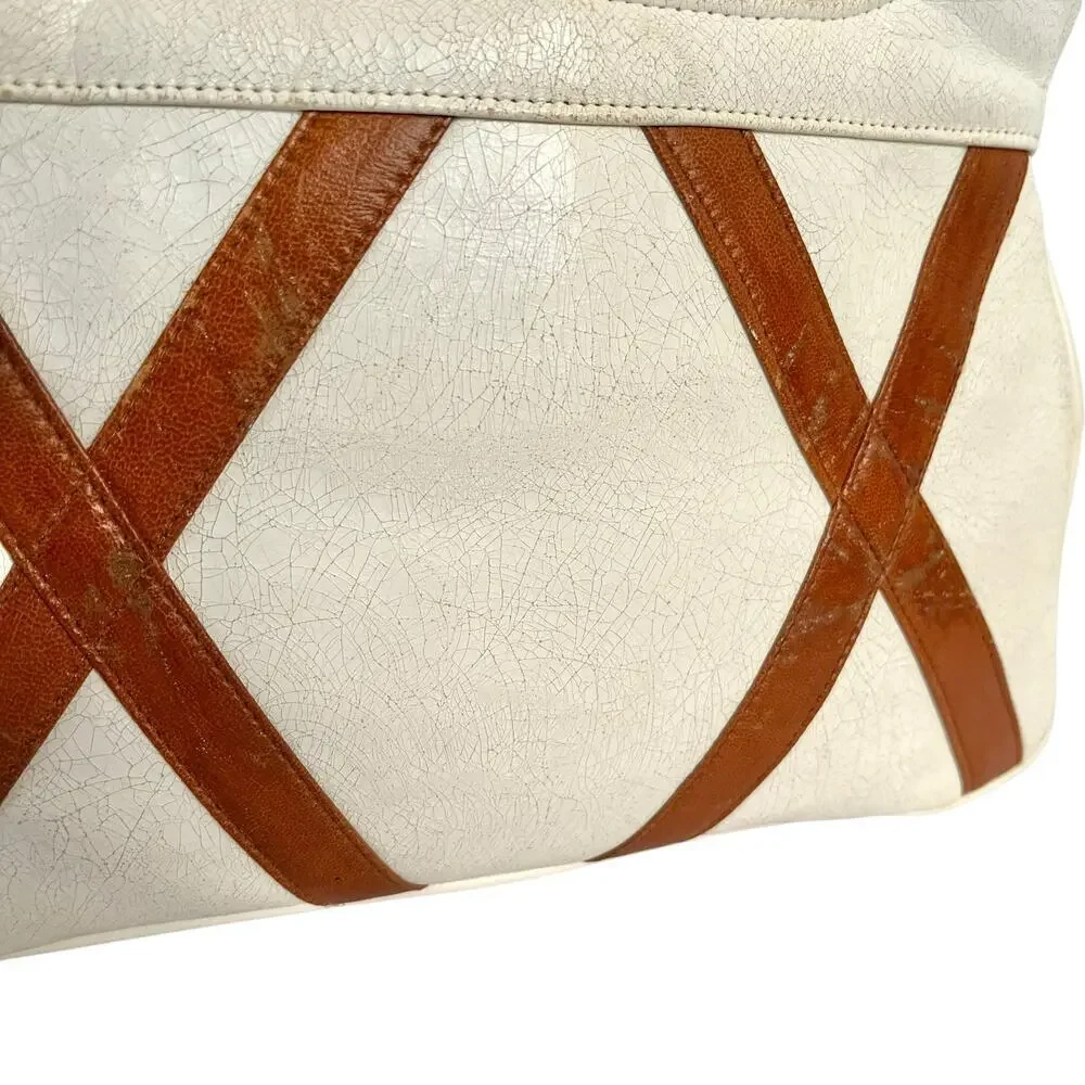 Vintage Ivory White Leather Criss-Cross Accent Frame Handbag Satchel